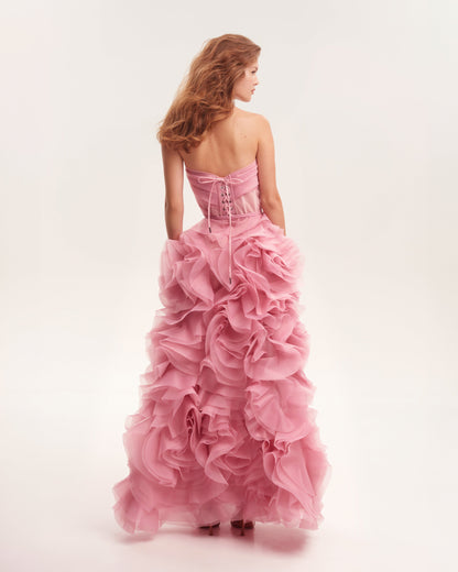 VOLUMINOUS ROSE APPLIQUES PINK MAXI DRESS