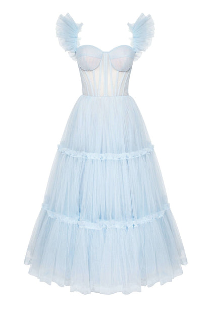 LIGHT OCEAN BLUE RUFFLED TULLE MIDI DRESS