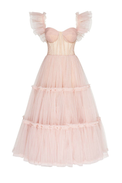 MISTY ROSE RUFFLED TULLE MIDI DRESS