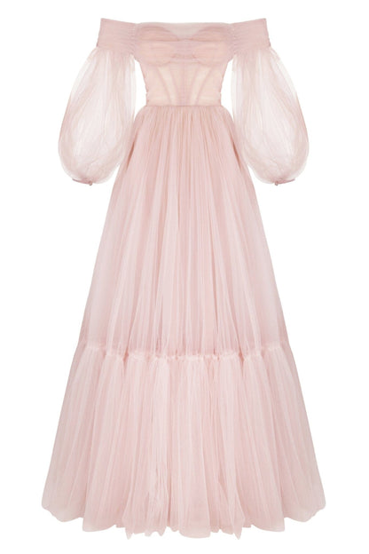 MISTY ROSE SHEER SLEEVES MAXI TULLE DRESS