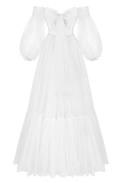 WHITE SHEER SLEEVES MAXI TULLE DRESS