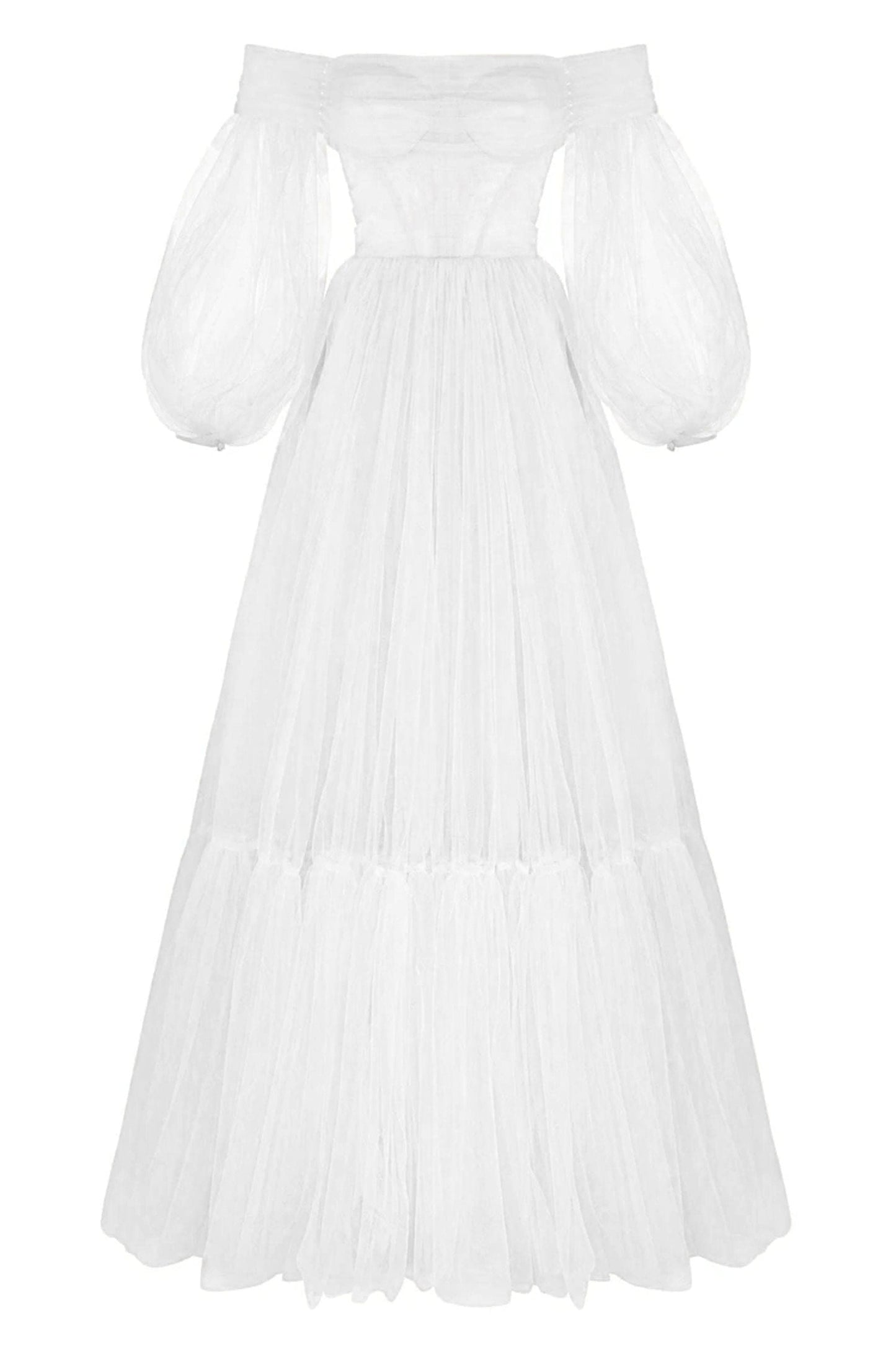 WHITE SHEER SLEEVES MAXI TULLE DRESS