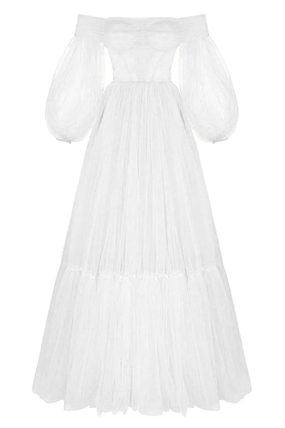 WHITE SHEER SLEEVES MAXI TULLE DRESS