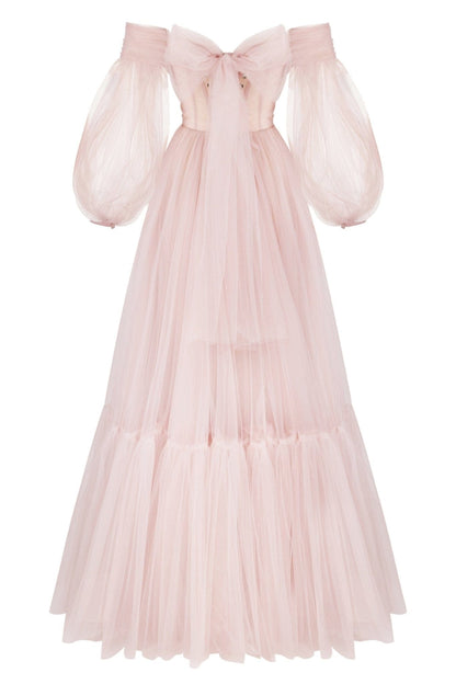 MISTY ROSE SHEER SLEEVES MAXI TULLE DRESS