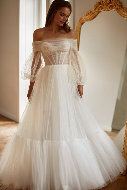 WHITE SHEER SLEEVES MAXI TULLE DRESS