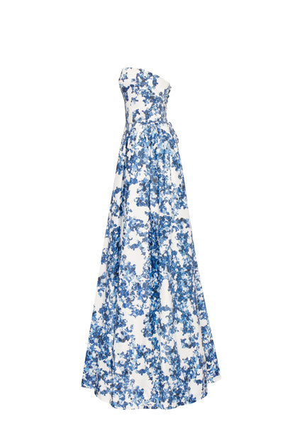 RAVISHING BLUE HYDRANGEA CORSET MAXI DRESS