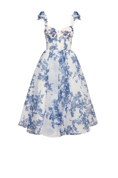 CHARMING BLUE HYDRANGEA ORGANZA MIDI DRESS