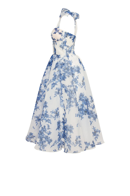 CHARMING BLUE HYDRANGEA ORGANZA MIDI DRESS