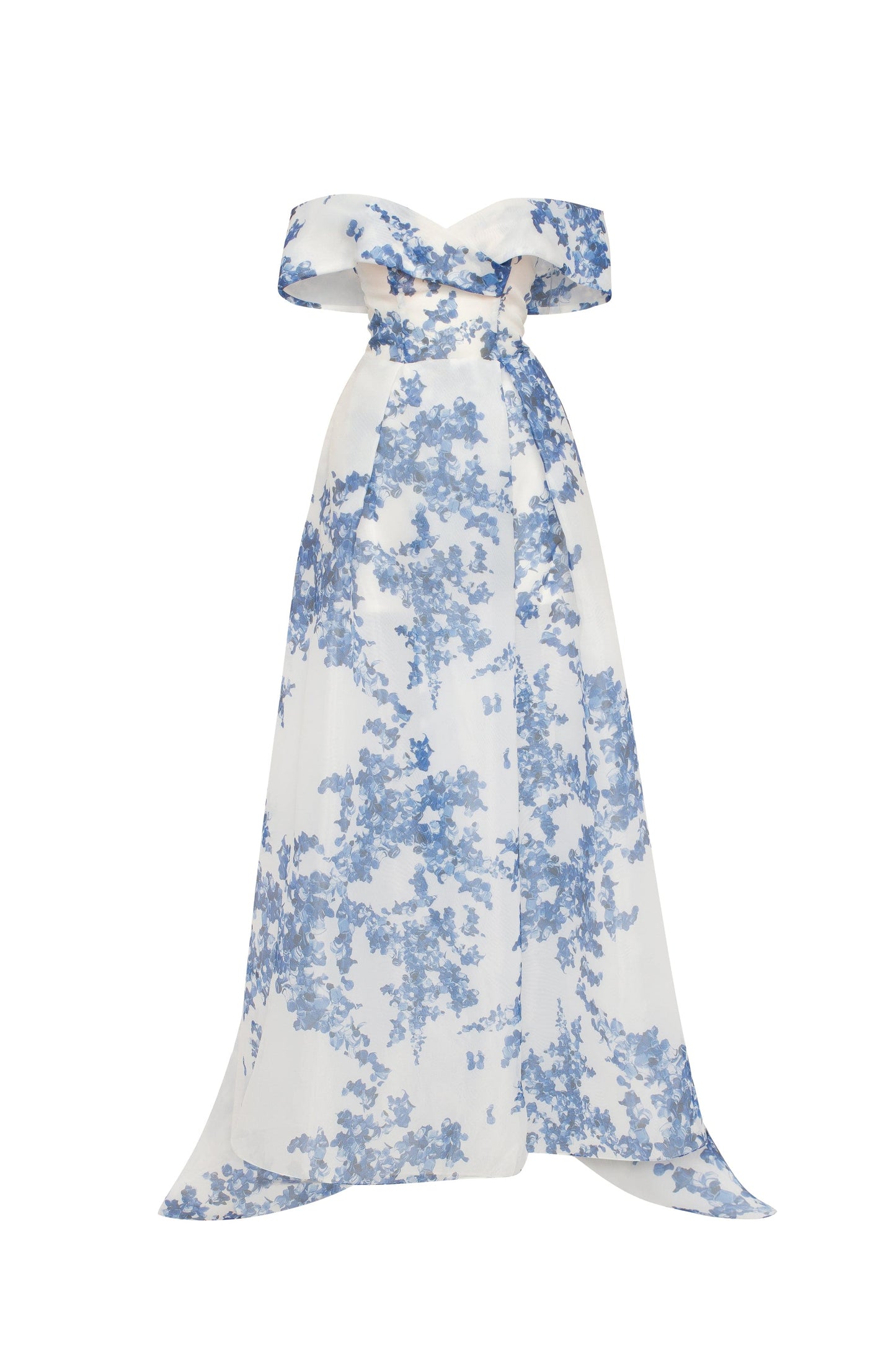 CHARMING OFF SHOULDER BLUE HYDRANGEA MAXI DRESS