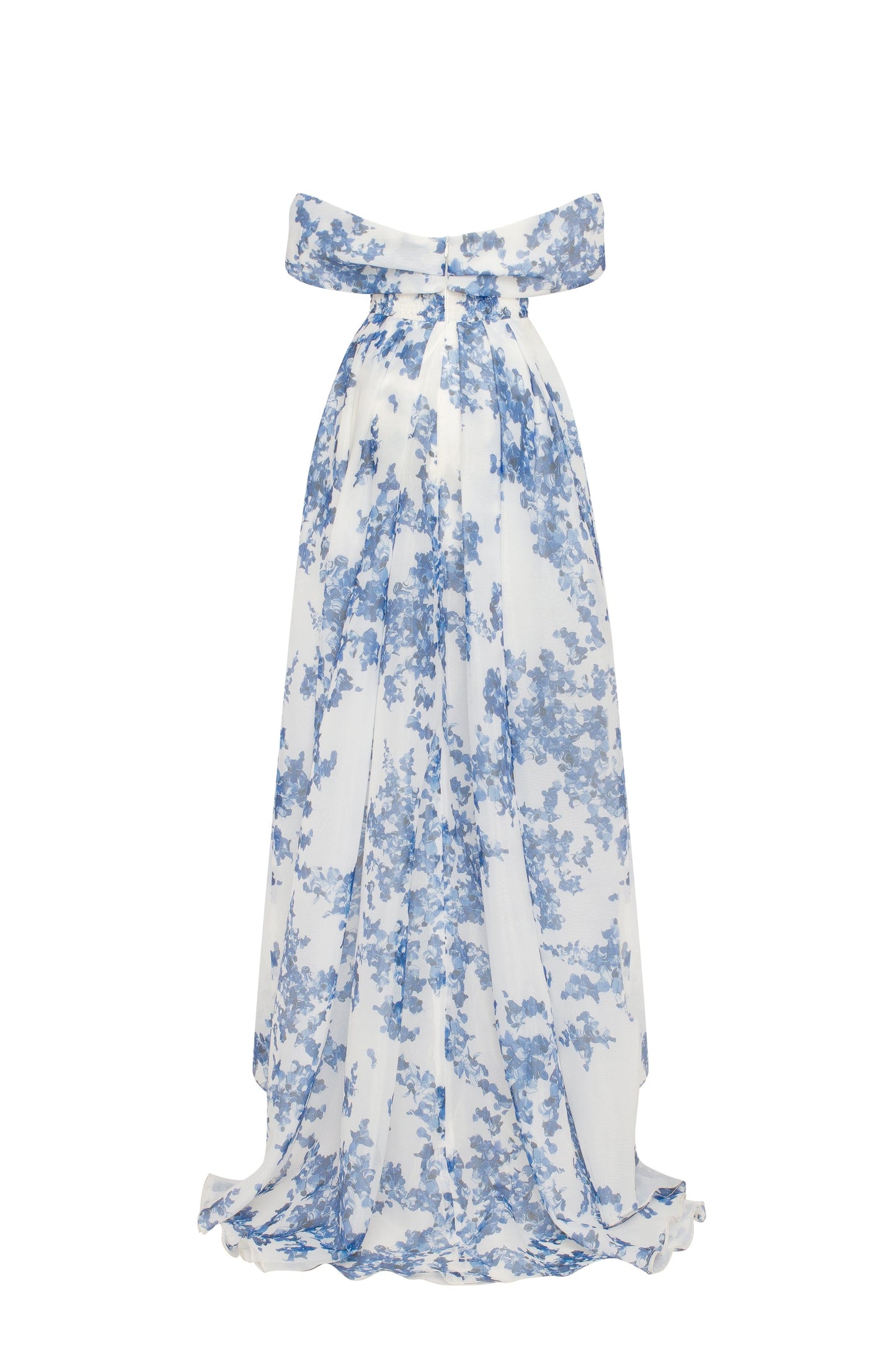 CHARMING OFF SHOULDER BLUE HYDRANGEA MAXI DRESS