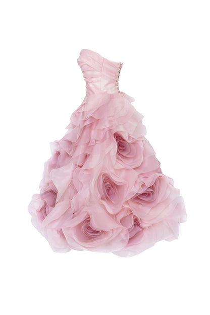 DRAMATIC FLOWERED ORGANZA MIDI DRESS IN MISTY ROSE