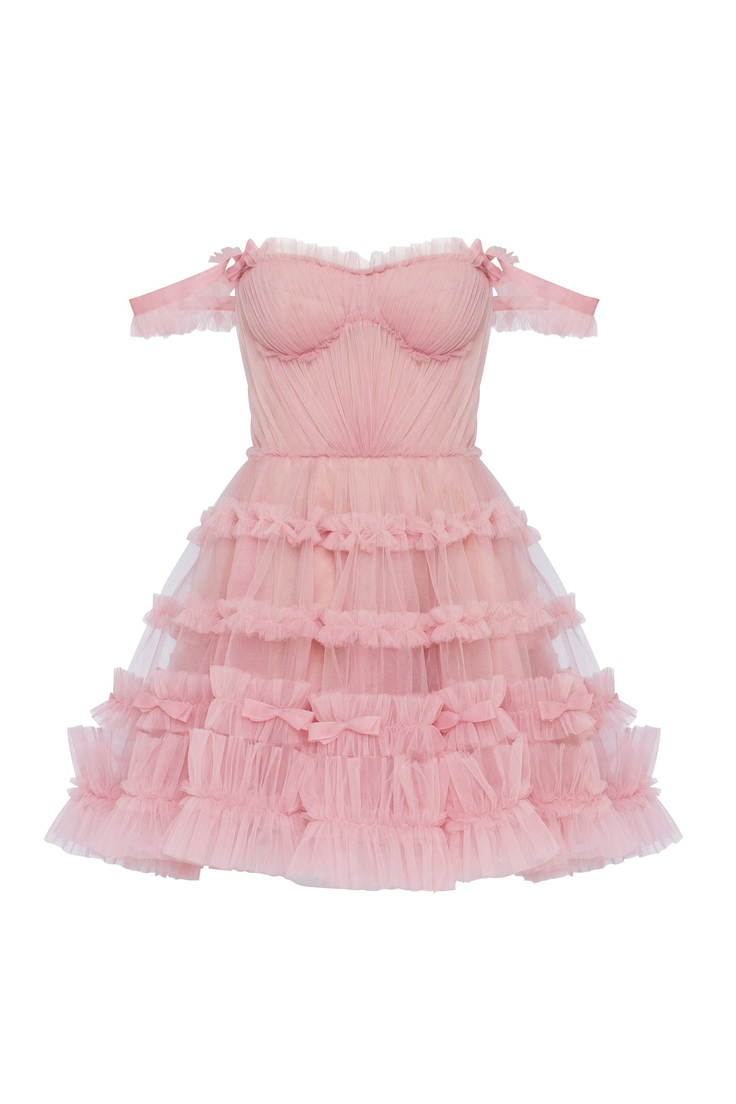 FLIRTY RUFFLED TULLE MINI DRESS IN MISTY ROSE
