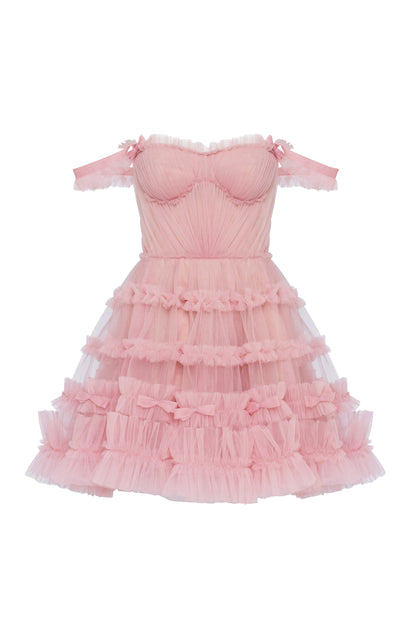 FLIRTY RUFFLED TULLE MINI DRESS IN MISTY ROSE