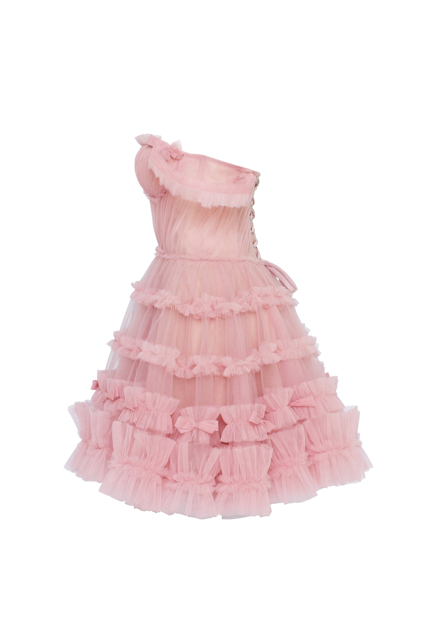 FLIRTY RUFFLED TULLE MINI DRESS IN MISTY ROSE