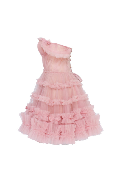 FLIRTY RUFFLED TULLE MINI DRESS IN MISTY ROSE
