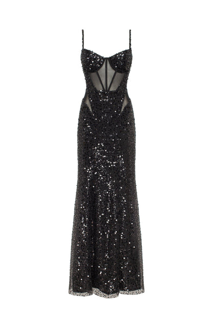 SENSATIONAL BLACK MAXI SEQUINS SMOKY QUATRZ