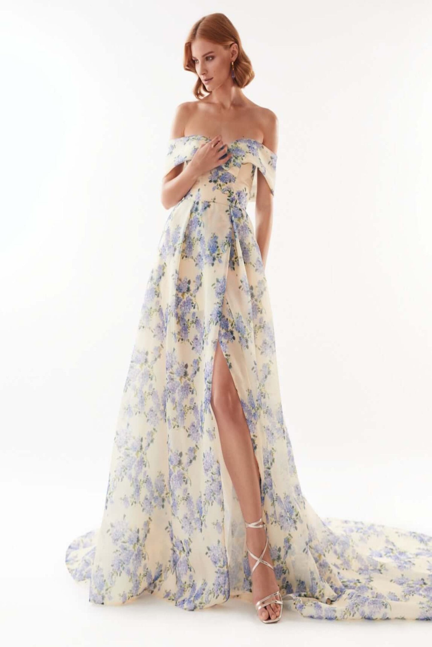 CHARLOTTE HYDRANGEA OFF SHOULDER MAXI DRESS