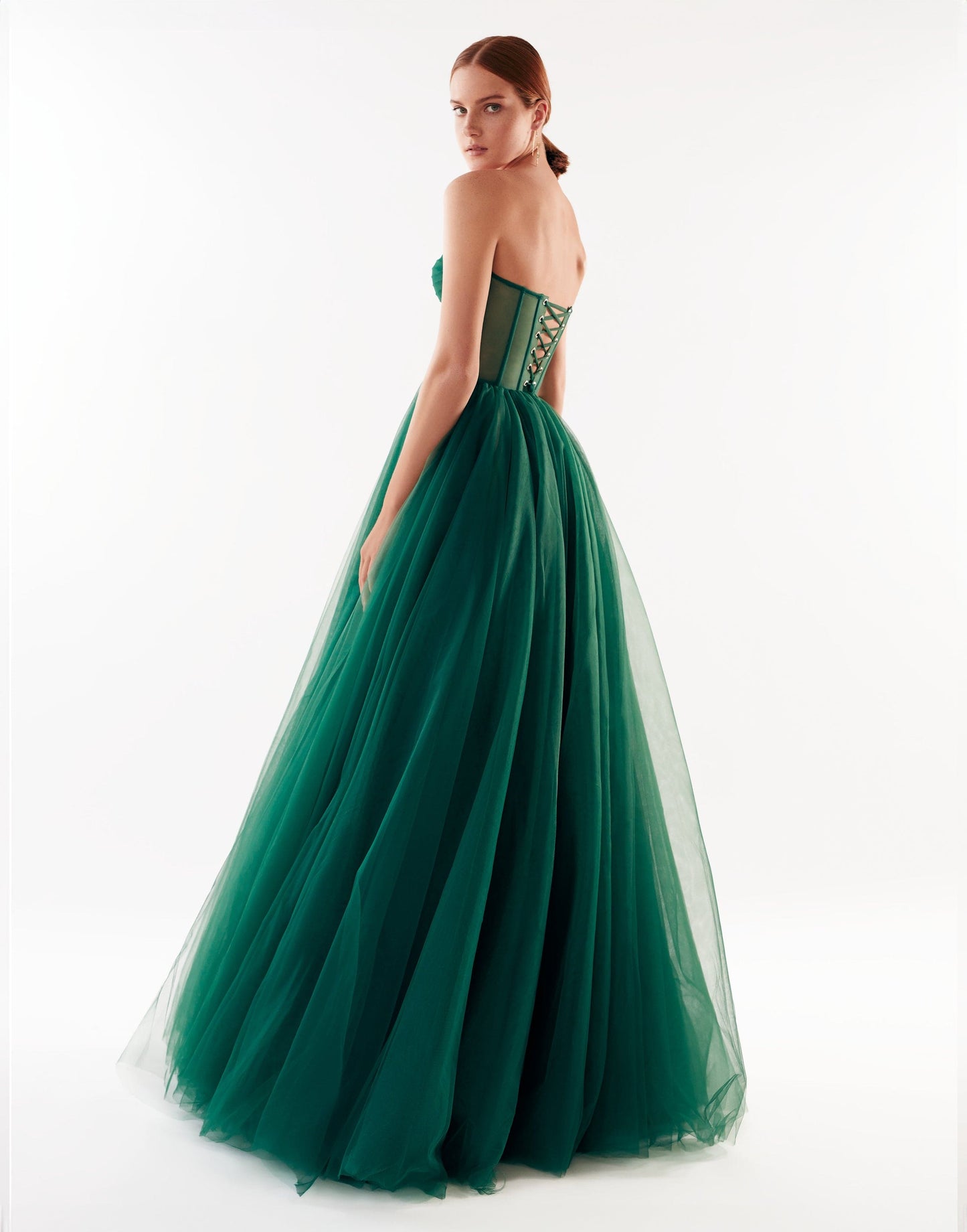 EMERALD GREEN TULLE MAXI DRESS WITH CORSET BUSTIER