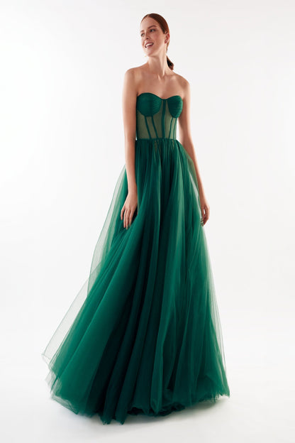 EMERALD GREEN TULLE MAXI DRESS WITH CORSET BUSTIER