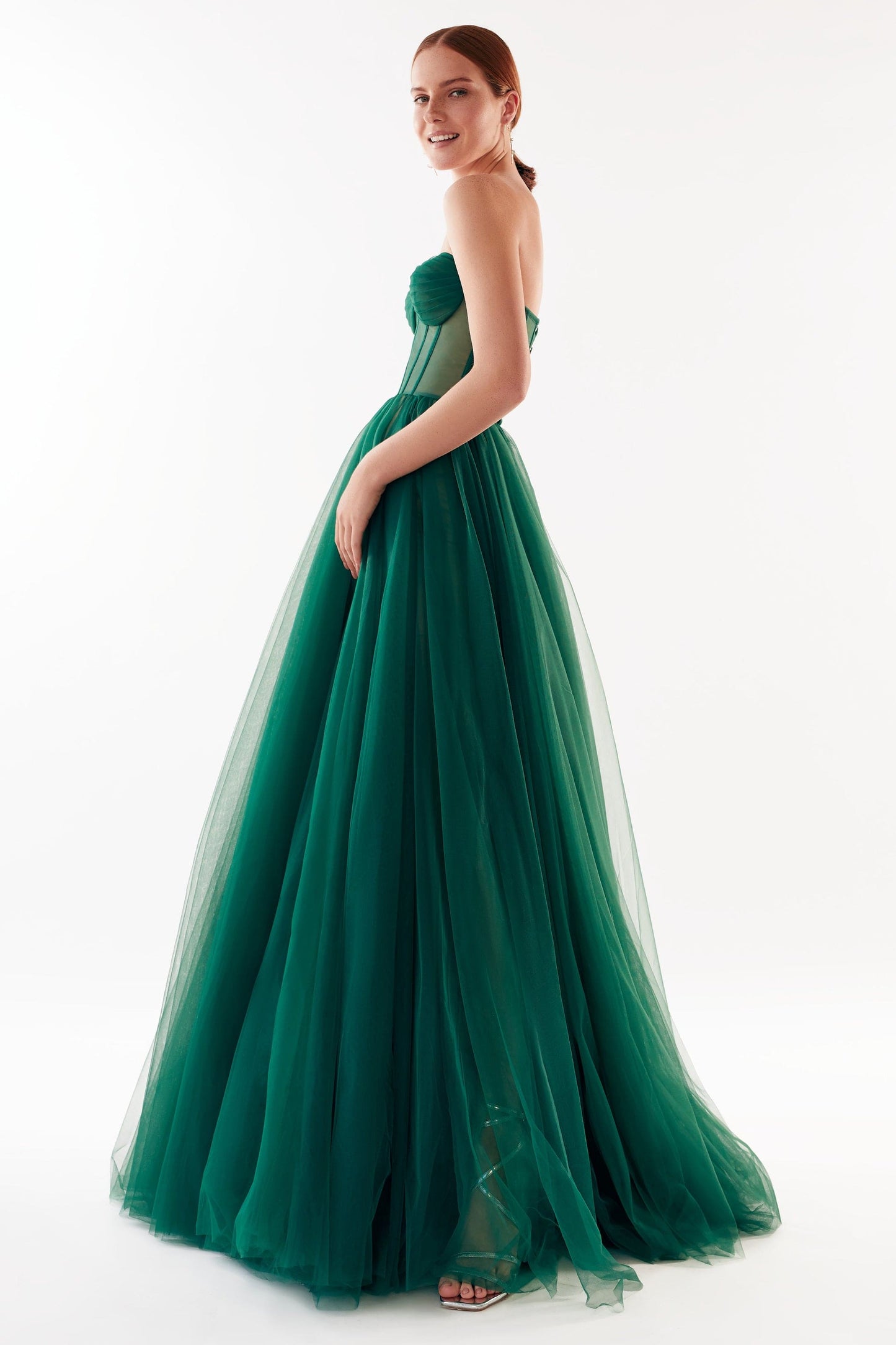 EMERALD GREEN TULLE MAXI DRESS WITH CORSET BUSTIER