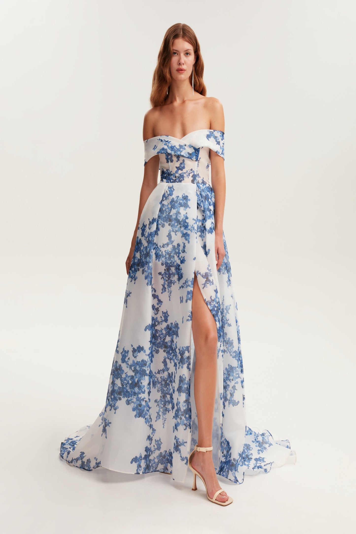 CHARMING OFF SHOULDER BLUE HYDRANGEA MAXI DRESS