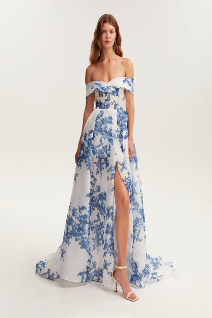 CHARMING OFF SHOULDER BLUE HYDRANGEA MAXI DRESS