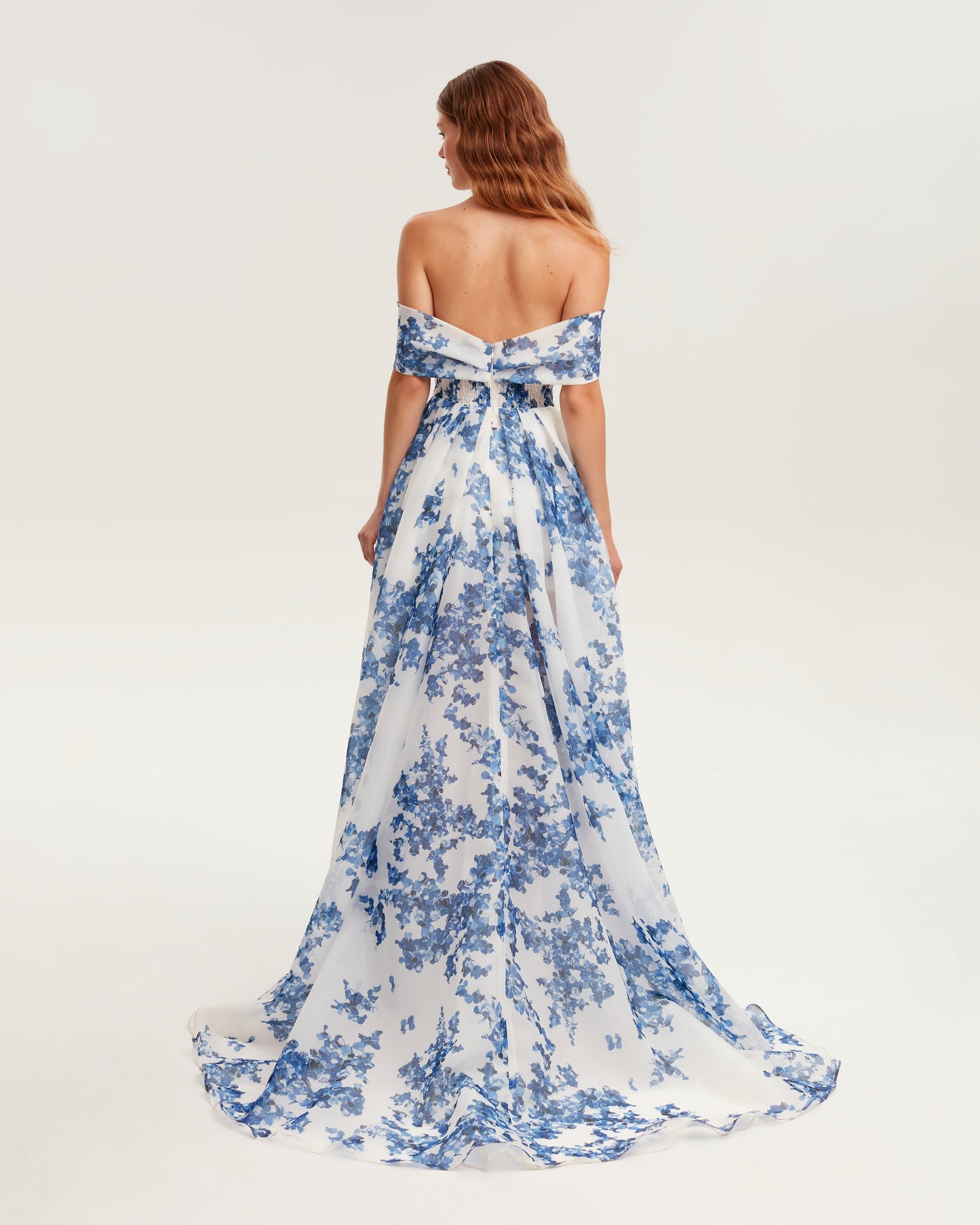 CHARMING OFF SHOULDER BLUE HYDRANGEA MAXI DRESS