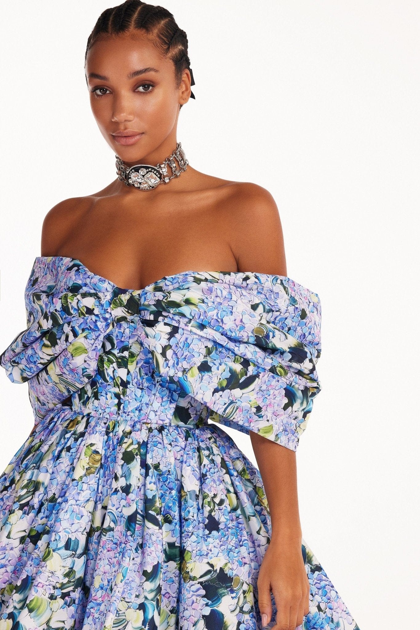 BLUE HYDRANGEA BOW DETAILED MINI DRESS