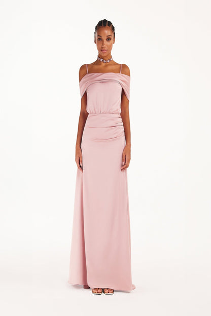 MISTY ROSE OFF SHOULDER SILK MAXI DRESS