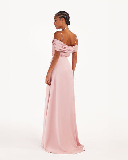 MISTY ROSE OFF SHOULDER SILK MAXI DRESS