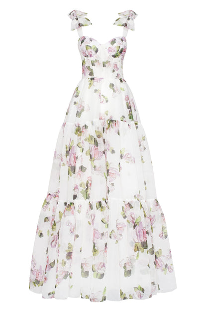 APPLE BLOSSOM FLORAL TIE STRAP MAXI DRESS