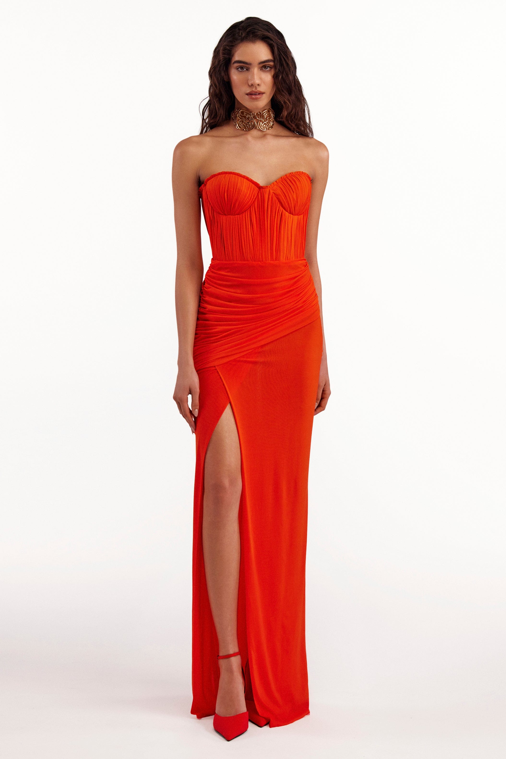 FLAMBOYANT CORAL BUSTIER MAXI DRESS