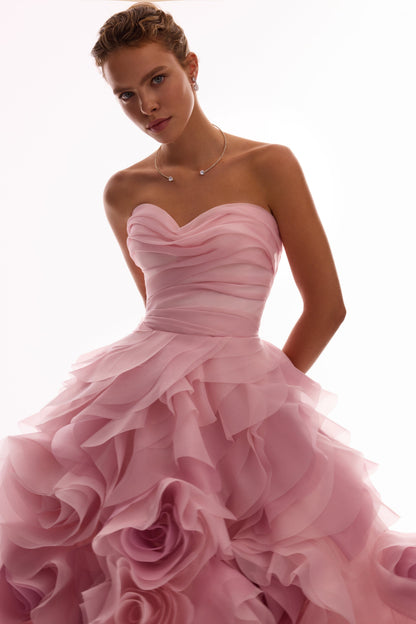 DRAMATIC FLOWERED ORGANZA MIDI DRESS IN MISTY ROSE