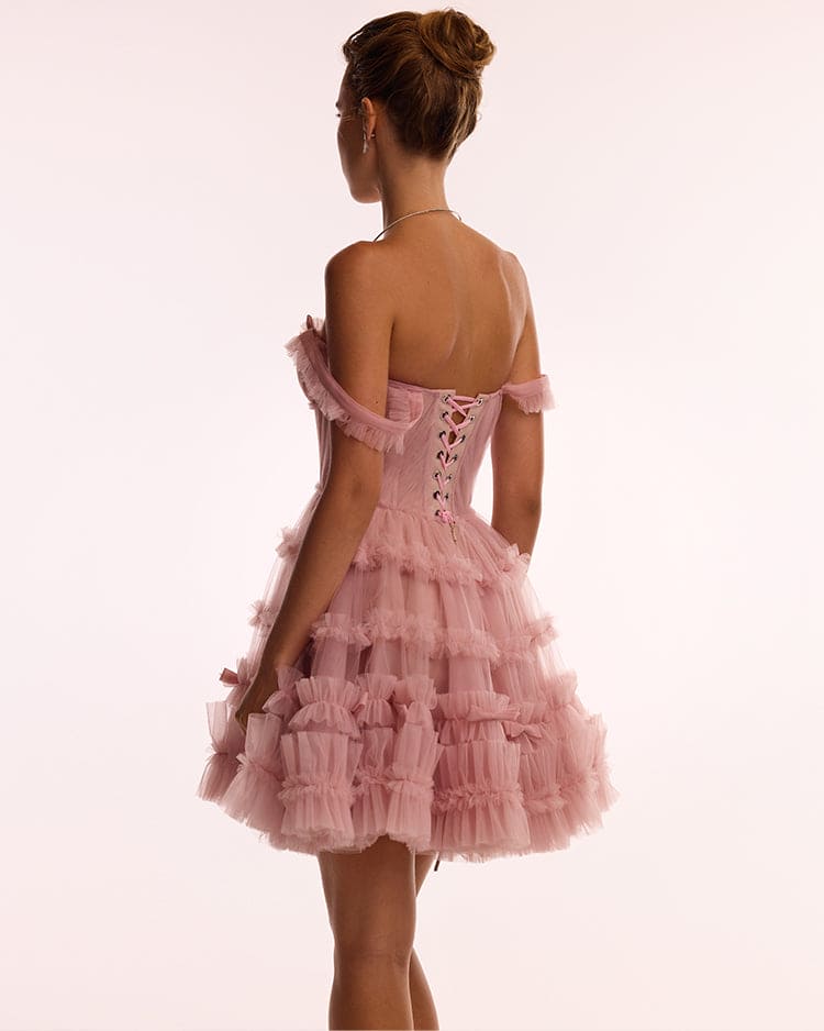 FLIRTY RUFFLED TULLE MINI DRESS IN MISTY ROSE