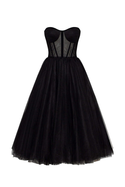 BLACK STRAPLESS PUFFY MIDI TULLE DRESS – Amalthrea