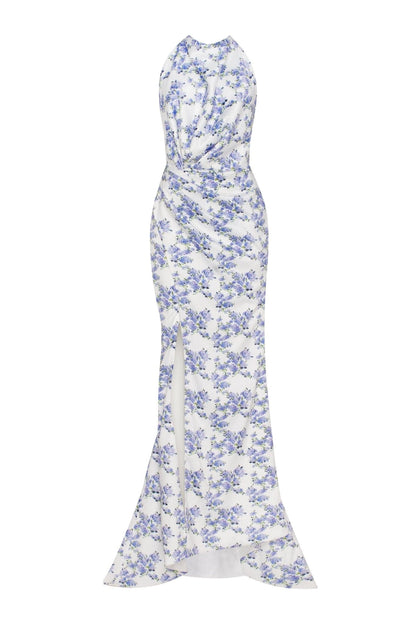 BLUE HYDRANGEA MOCK NECK EVENING MAXI DRESS