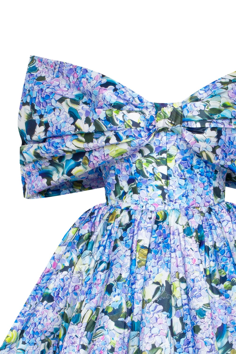 BLUE HYDRANGEA BOW DETAILED MINI DRESS