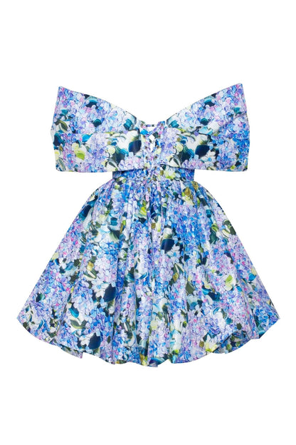 BLUE HYDRANGEA BOW DETAILED MINI DRESS