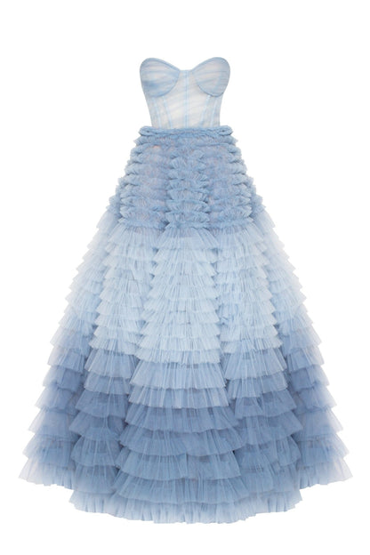 LIGHT BLUE STRAPLESS FRILL LAYERED FLUFFY MAXI DRESS