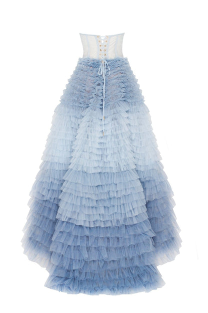 LIGHT BLUE STRAPLESS FRILL LAYERED FLUFFY MAXI DRESS