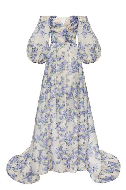 HYDRANGEA PRINCESS FLORAL PUFF SLEEVE MAXI DRESS