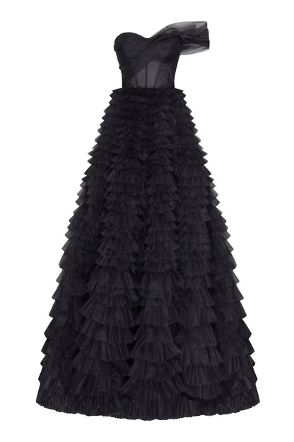 TIMELESS BLACK ONE SHOULDER FRILL LAYERED BALL GOWN