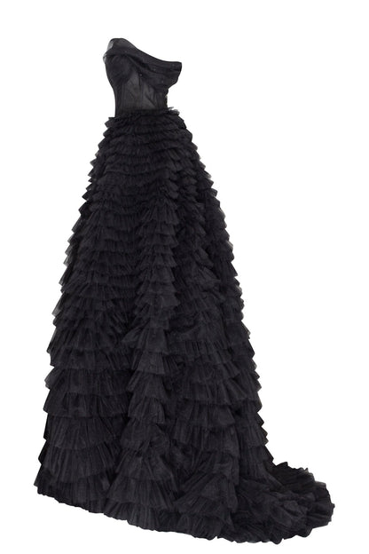 TIMELESS BLACK ONE SHOULDER FRILL LAYERED BALL GOWN