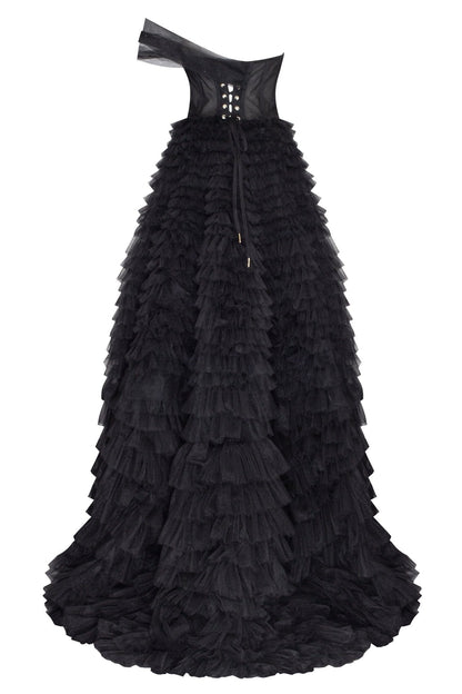 TIMELESS BLACK ONE SHOULDER FRILL LAYERED BALL GOWN