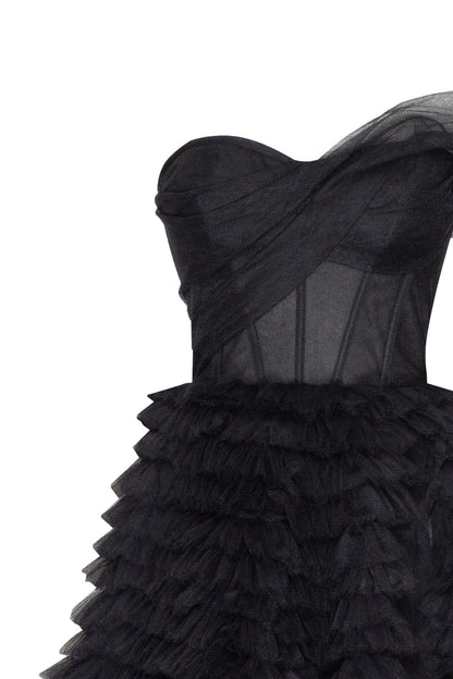 TIMELESS BLACK ONE SHOULDER FRILL LAYERED BALL GOWN