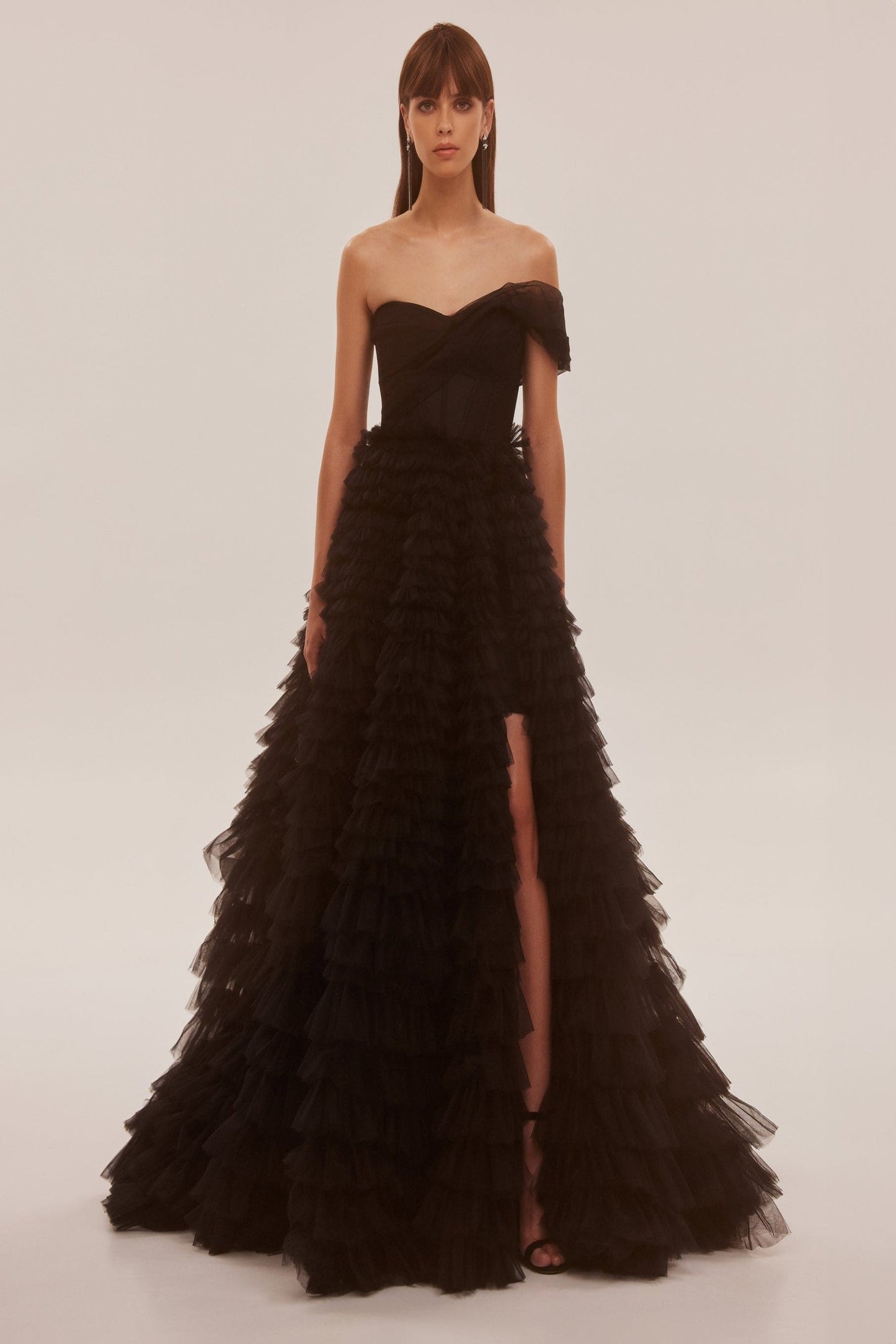 TIMELESS BLACK ONE SHOULDER FRILL LAYERED BALL GOWN