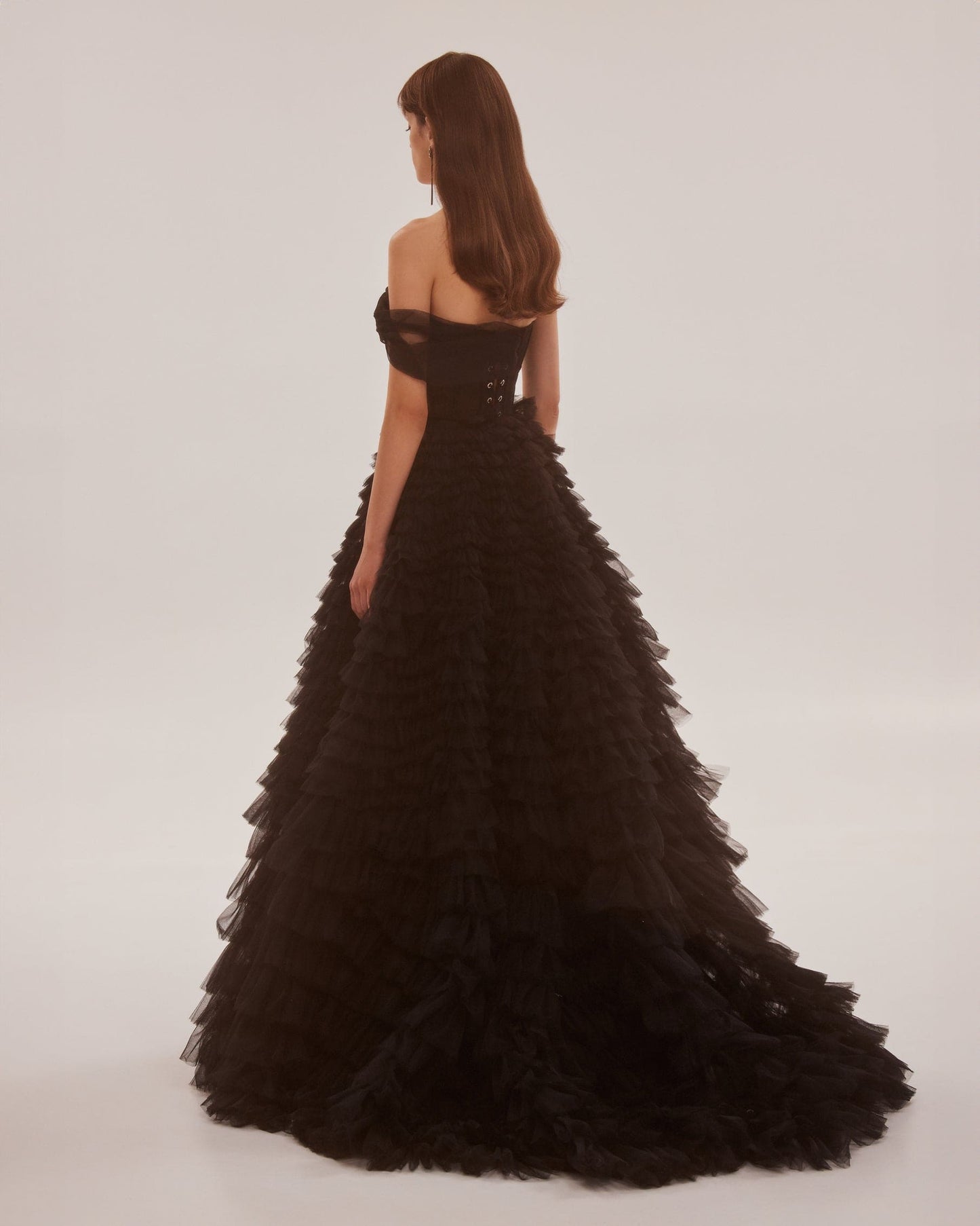 TIMELESS BLACK ONE SHOULDER FRILL LAYERED BALL GOWN