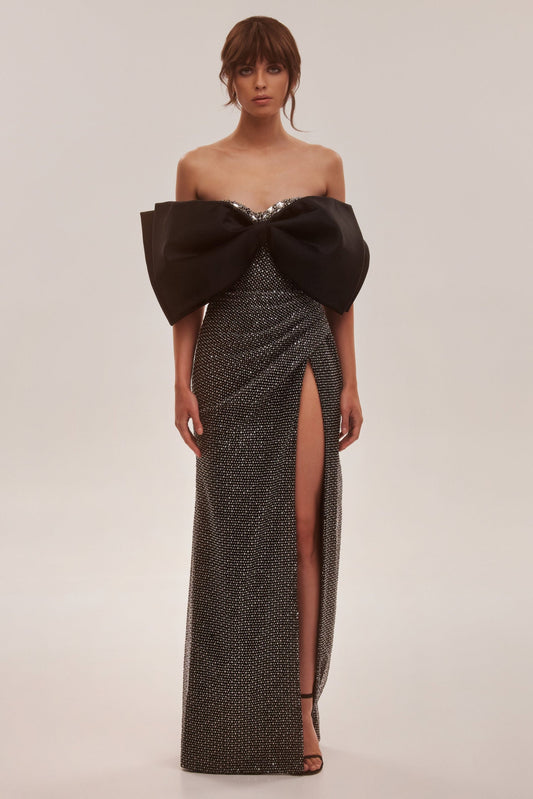 MESMERIZING BOW MAXI GOWN IN RHINESTONES