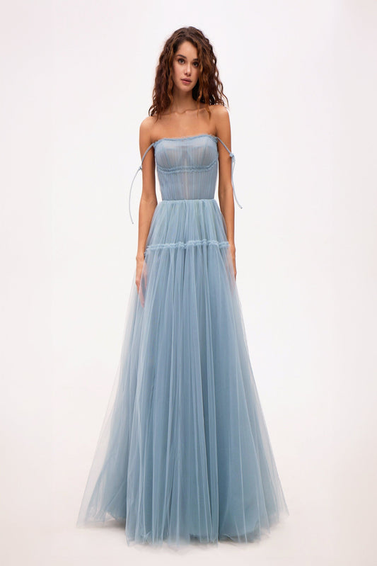 OCEAN TIE STRAPS TULLE PROM DRESS