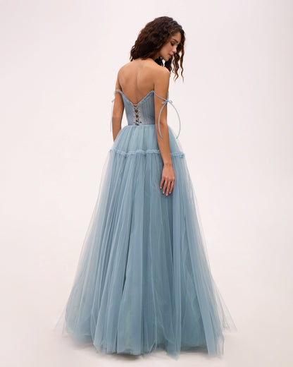 OCEAN TIE STRAPS TULLE PROM DRESS